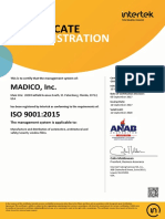 Certificate of ISO 9001 Registration for MADICO Manufacturing