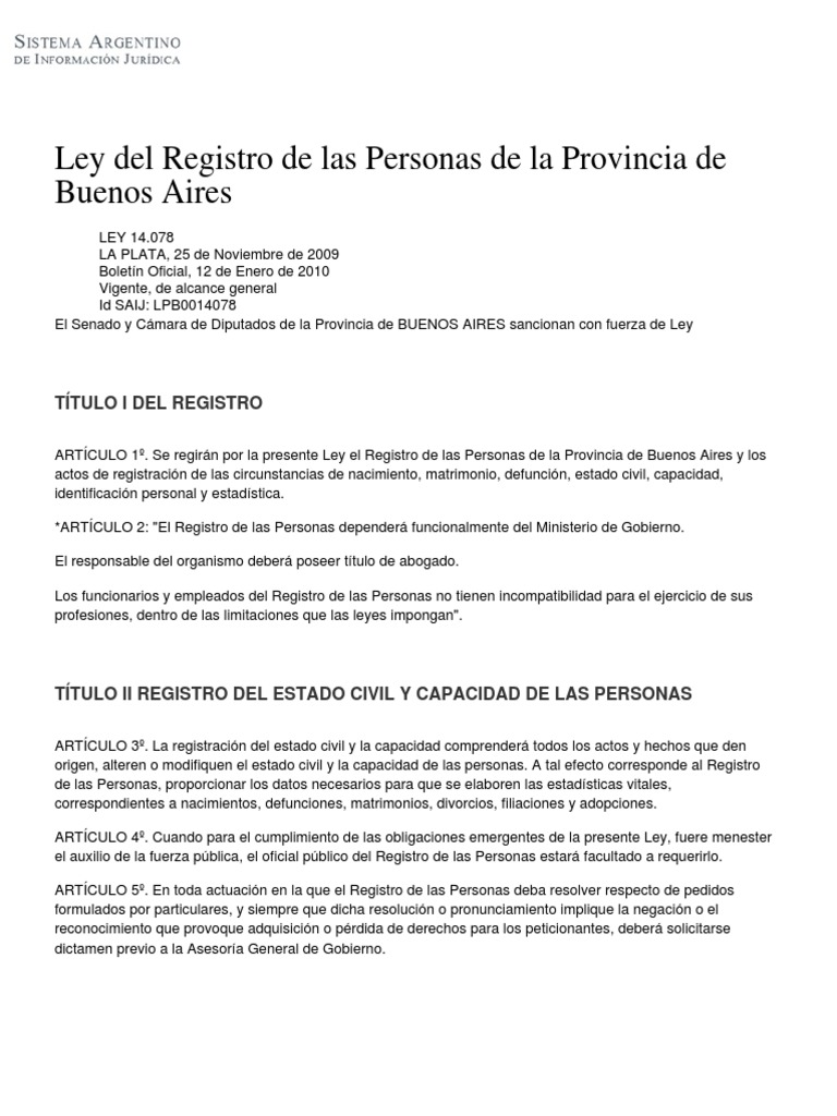 Ley Del Registro de Las Personas de La Provincia de Buenos Aires PDF