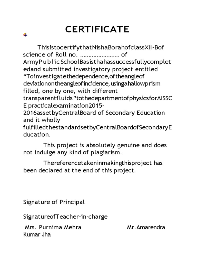 Class 12 Physics Project Certificate | PDF | Color | Light