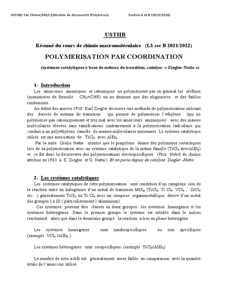 8 - Polymérisation Par Coordination. Envoyé Etud | PDF