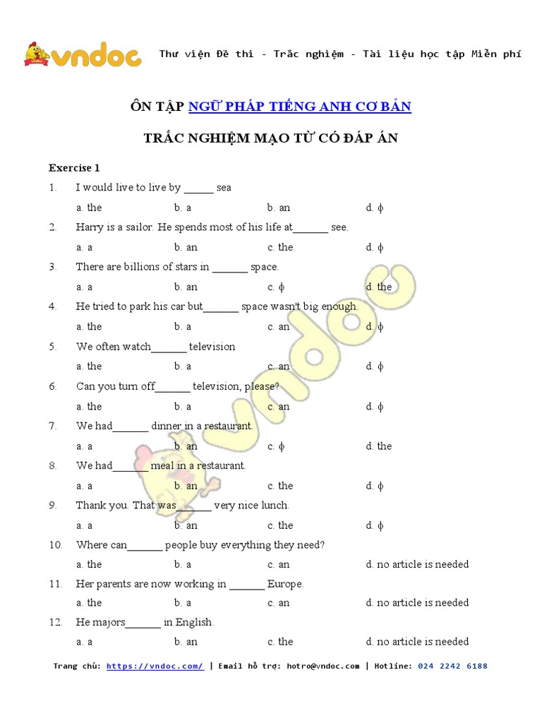 Bai Tap Trac Nghiem Mao Tu Trong Tieng Anh Co Dap An | PDF