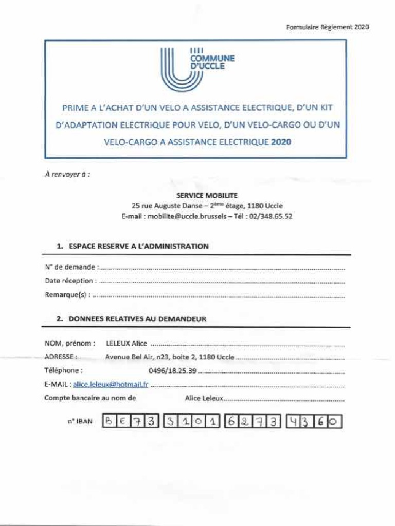 Formulaire Règlement Prime Vélo Électrique PDF
