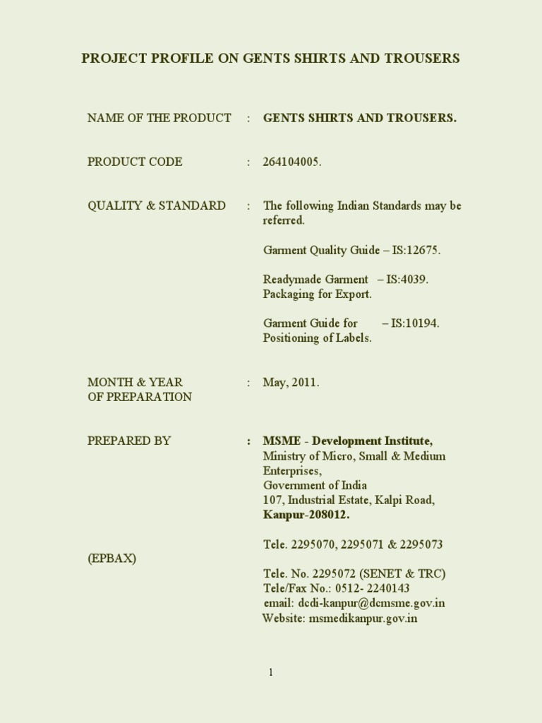 Gents Shirts and Trousers Project Profile | PDF