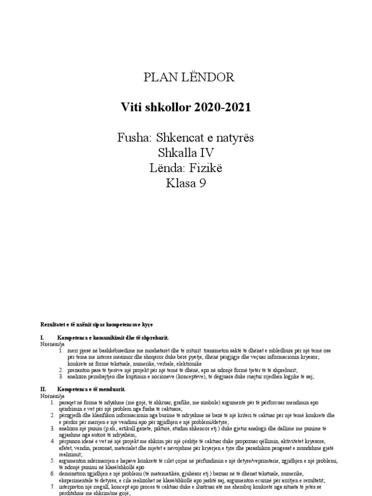 Plan Lëndor për Fizikë, Klasa 9 | PDF
