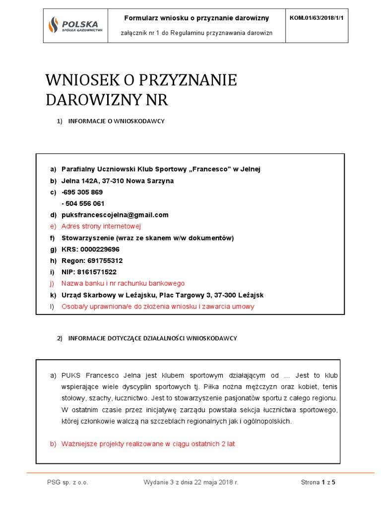Wniosek O Przyznanie Darowizny PDF