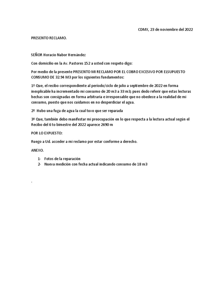 Modelo De Carta De Reclamo Por Cobro Excesivo De Agua Compartir ...