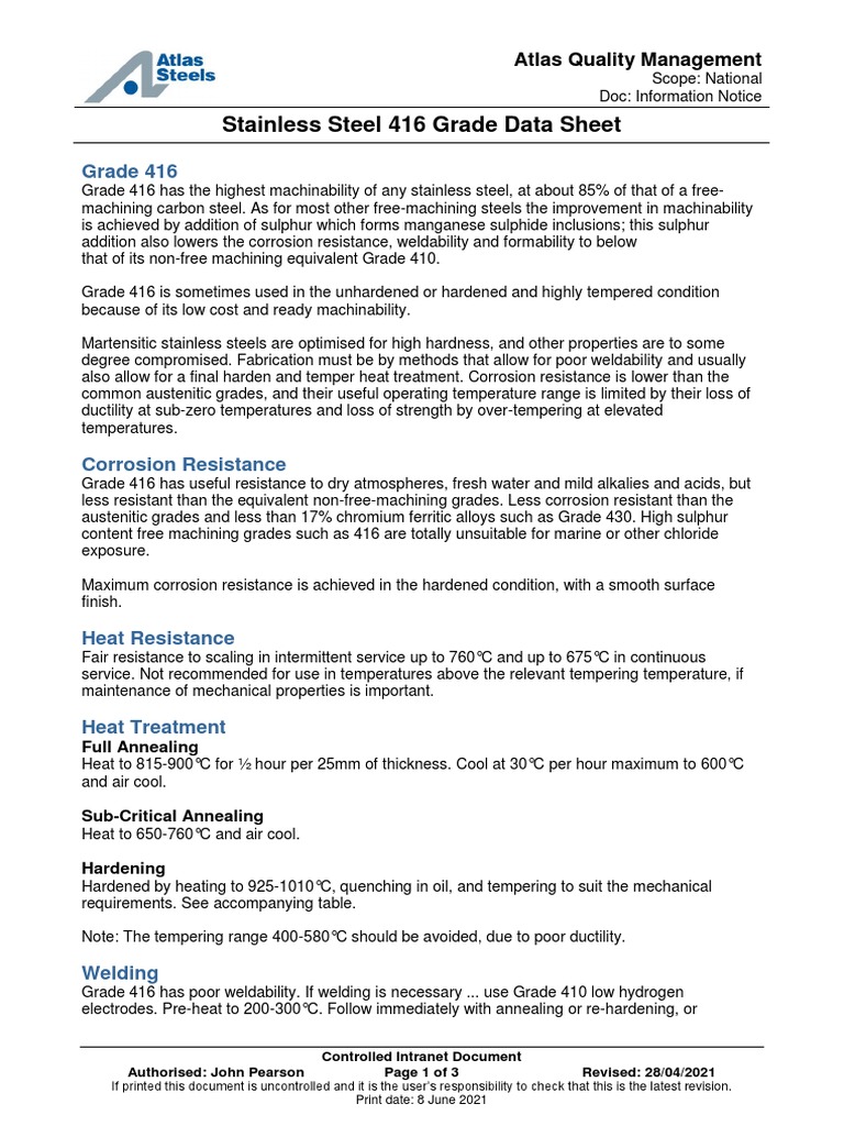 Stainless Steel 416 Grade Overview | PDF