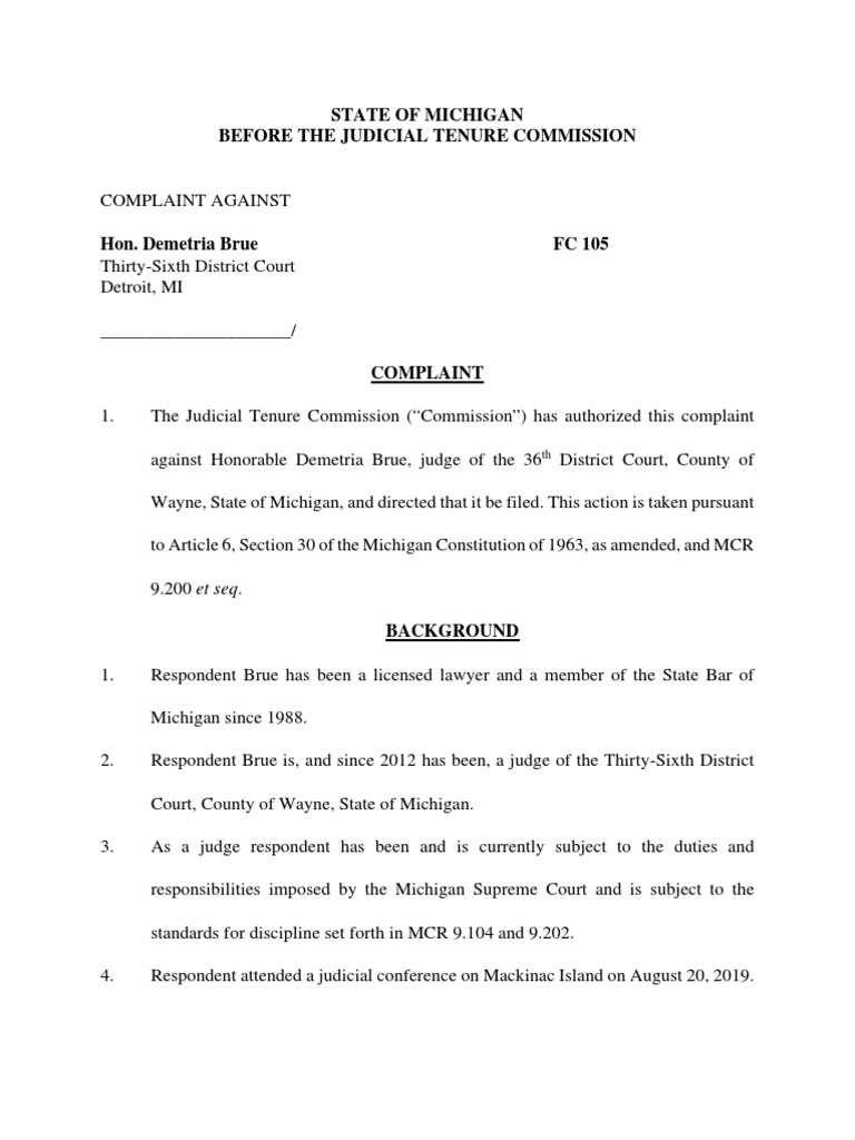 Michigan Judicial Tenure Issues Complaint To 36th District Court Judge