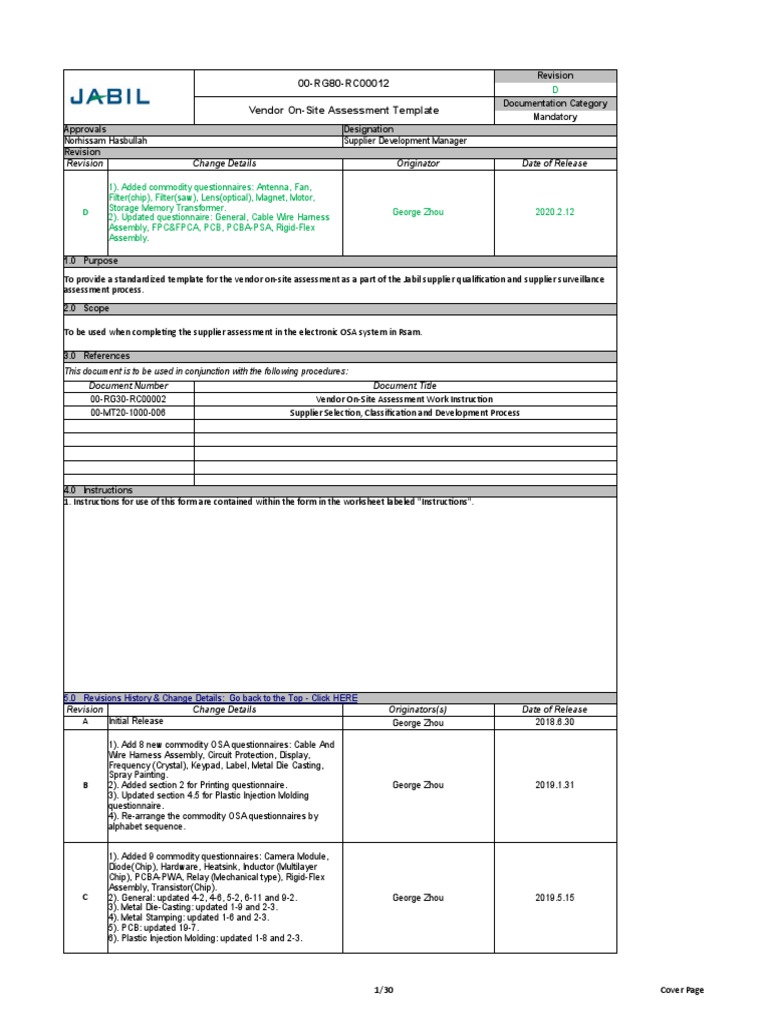 Jabil Vendor Assessment Template | PDF | Backup | Computer Engineering