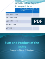 Sum and Products of The Roots of Quadratic Equation