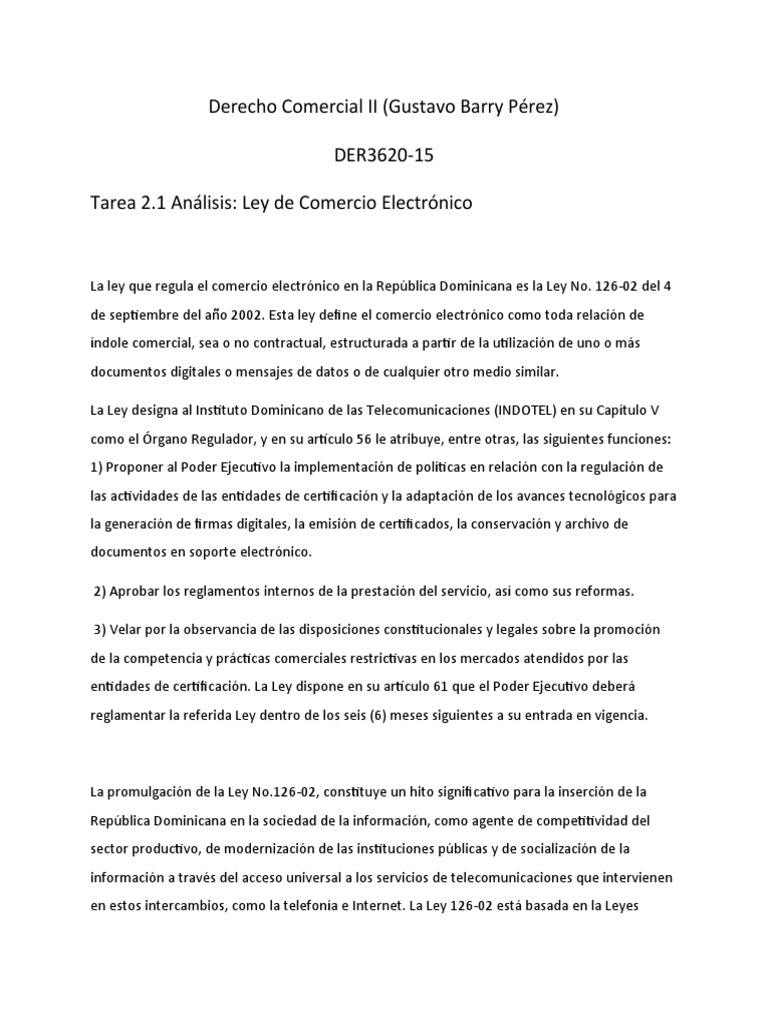 Análisis De La Ley De Comercio Electrónico De La República Dominicana