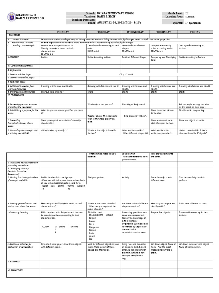 Grade 3 Science Daily Lesson Log | PDF | Solid | Learning