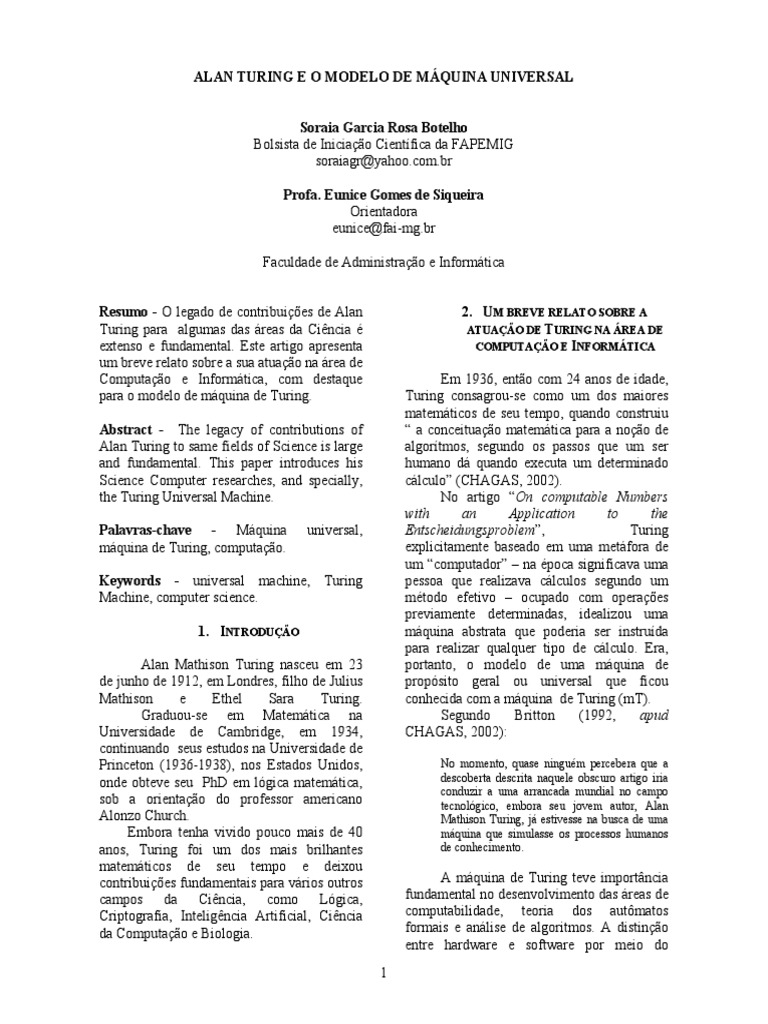 Alan Turing e o Modelo de Máquina Universal | PDF | Alan Turing ...