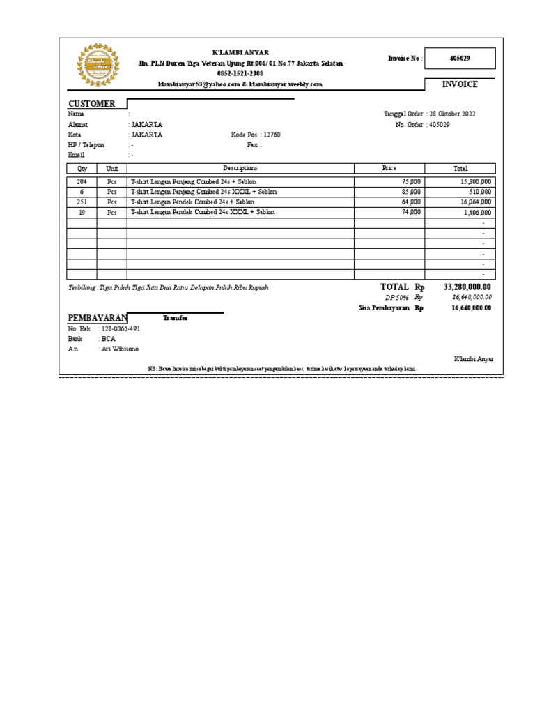 Contoh Invoice Pembayaran DP 50% Kaos | PDF