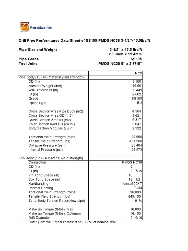 3,5 in Drill Pipe Performance Data SS 105 PDF Pipe (Fluid
