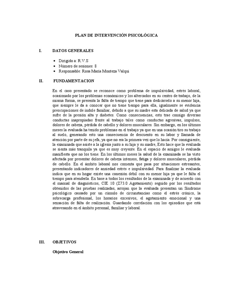 Plan de Intervención Psicológica RVS | PDF | Las emociones | Estrés ...