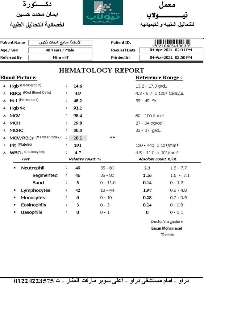 Hematology Report for Male Patient | PDF | White Blood Cell | Cells