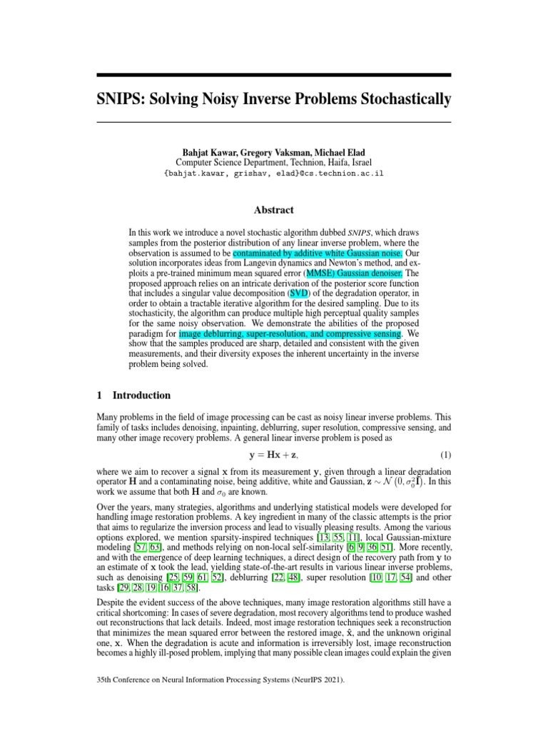 NeurIPS 2021 Snips Solving Noisy Inverse Problems Stochastically Paper