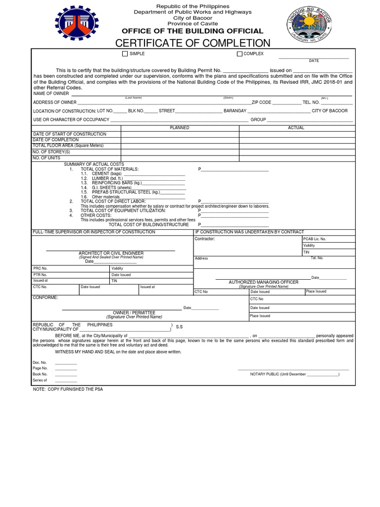 Bacoor Certificate of Completion Form | PDF | Real Estate | Economic ...