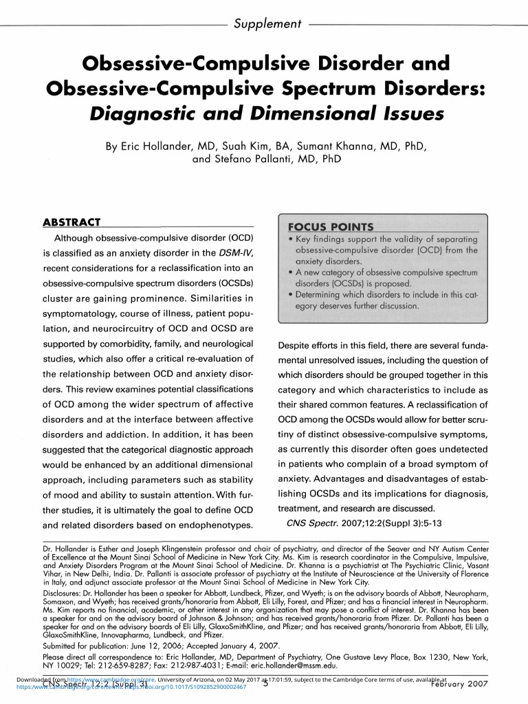 Ocd And Ocsd Diagnostic And Dimensional Issues Pdf Obsessive