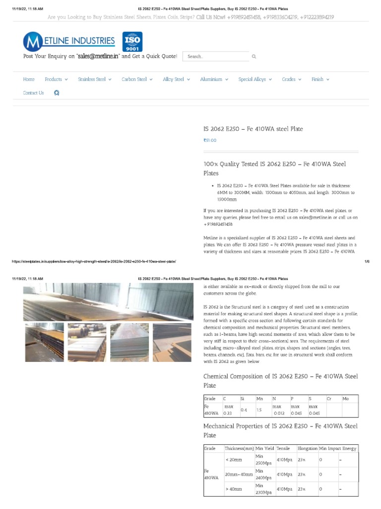 IS 2062-E250-Fe-410wa-Steel-Plate | PDF