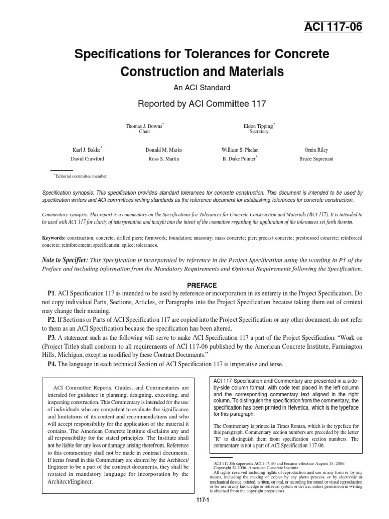 ACI 117 06 Standard Specifications For Tolerances For Concrete