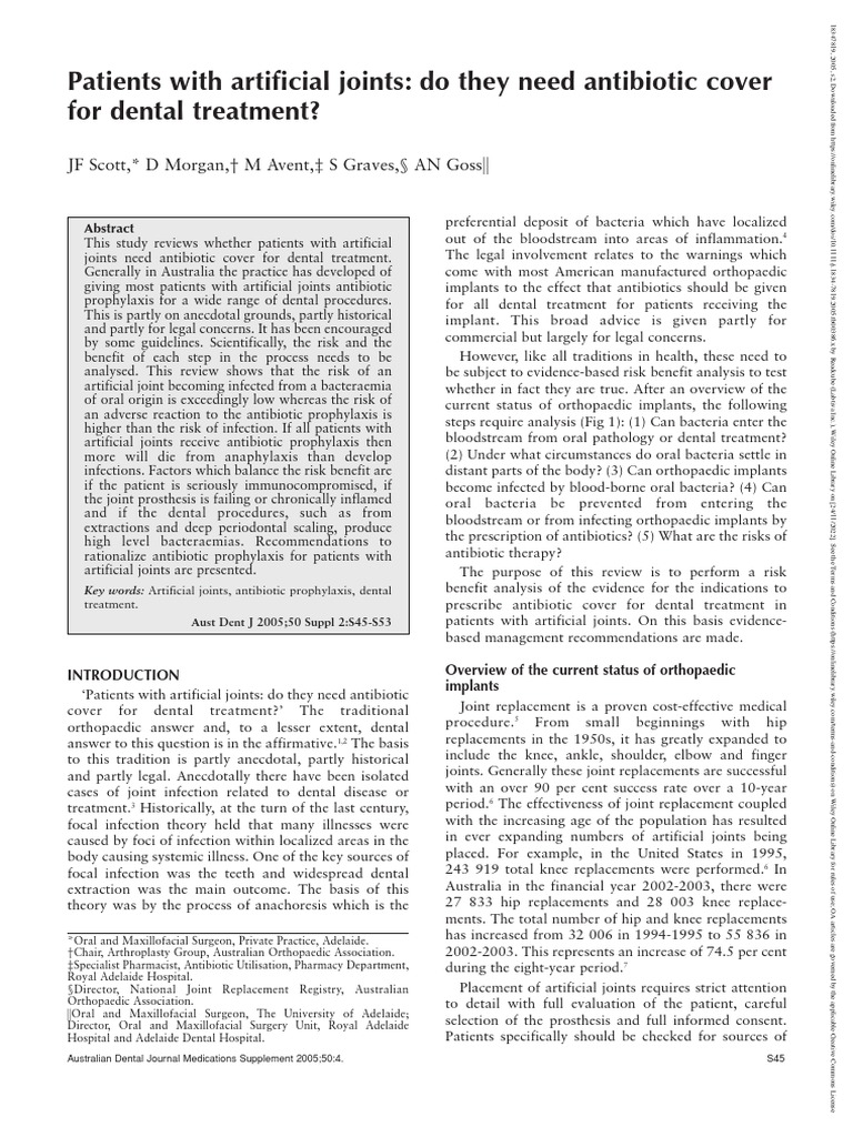 Australian Dental Journal 2008 Scott Patients With Artificial Joints Do They Need