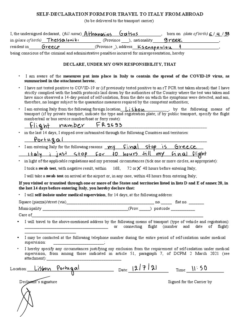 Self-Declaration Form for Travel to Italy | PDF | Health Sciences ...