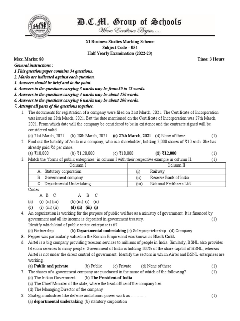 XI Business Studies 202223 Marking Scheme Download Free PDF Transaction Account Economies