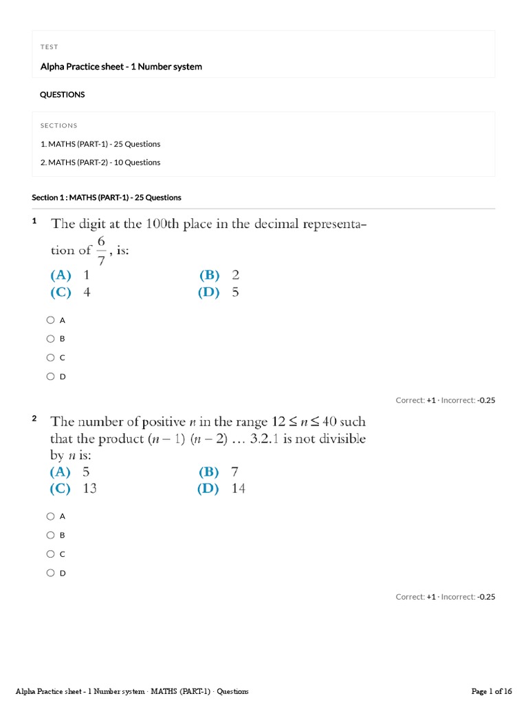 Alpha Practice Sheet 1 Number System PDF