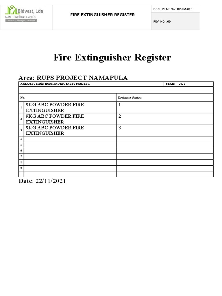 Fire Extinguisher Register - RUPS 2021 | PDF