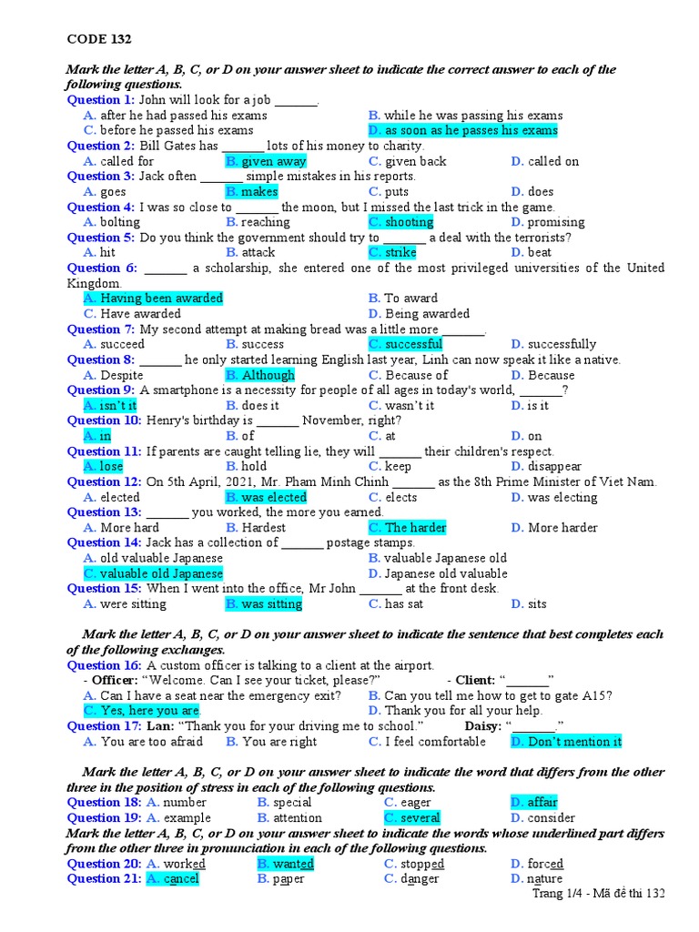 CODE 132: Trang 1/4 - Mã đề thi 132 | PDF | Internet | Teachers