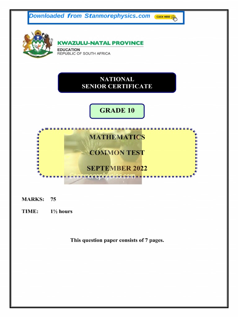 Maths Grade 10 SEPT 2022 QP and Memo | PDF