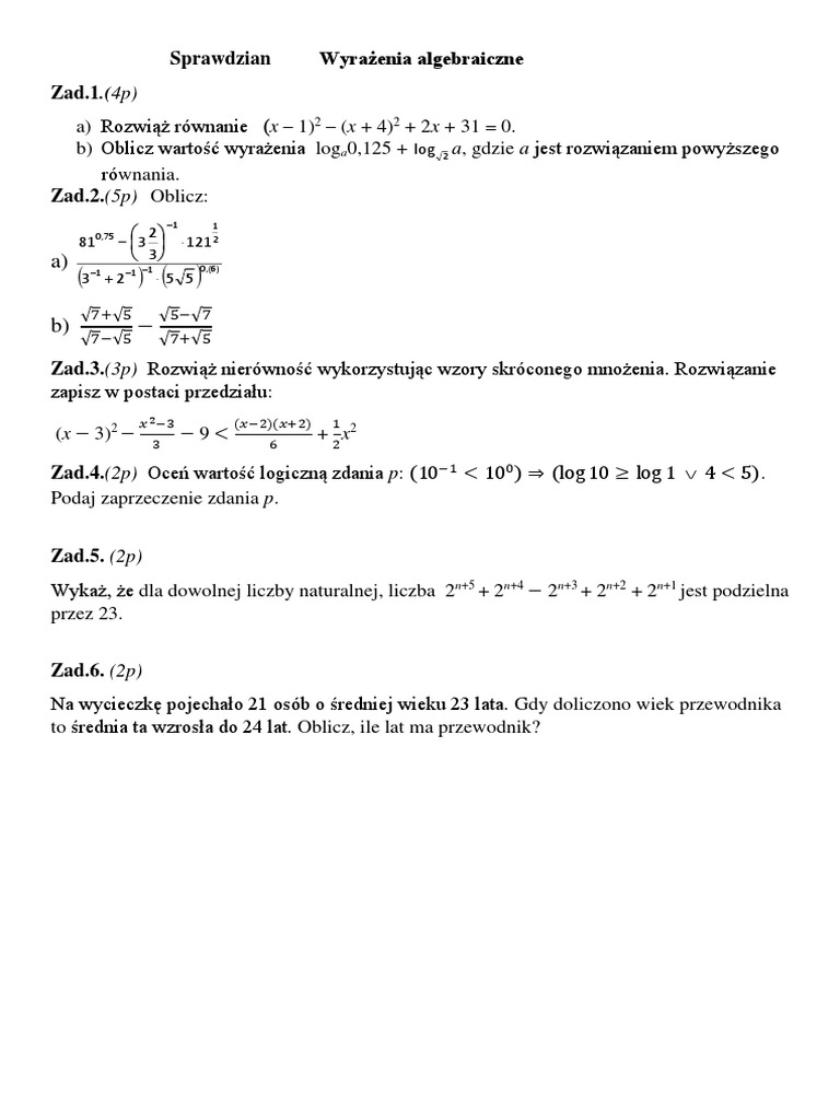 Wyrażenia Algebraiczne Klasa 1 Gimnazjum Sprawdzian