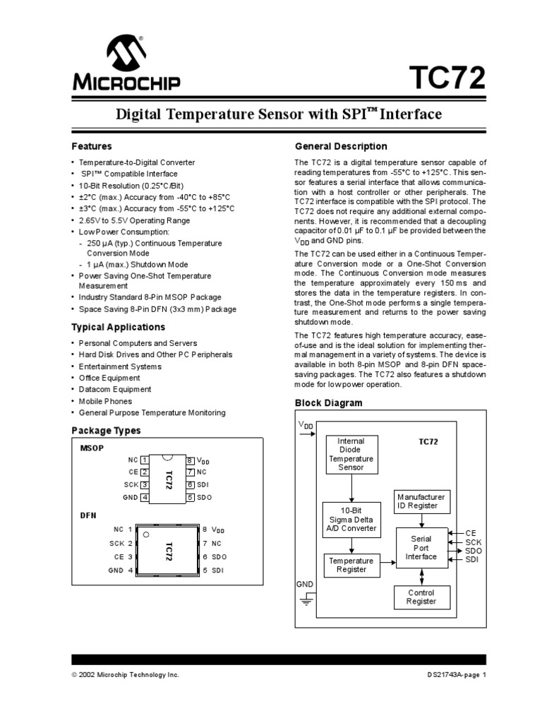 TC72 Digital Temperature Sensor with SPI ™ Interface Analog To