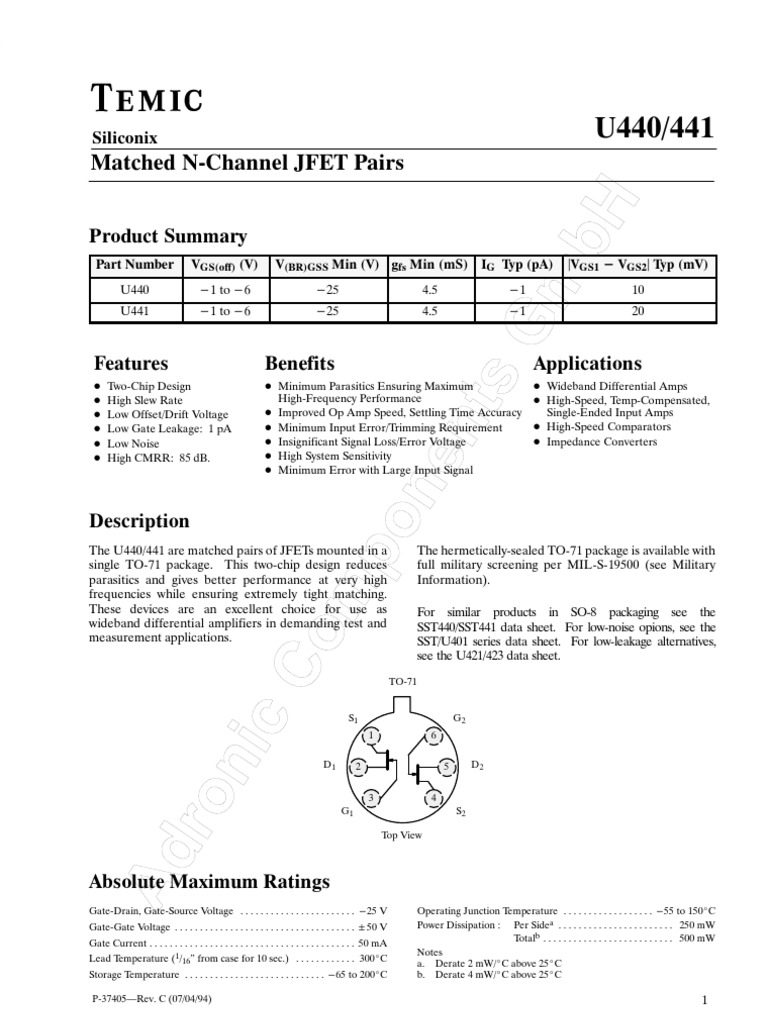 U440/441 Matched N Channel JFET Pairs PDF Field Effect Transistor