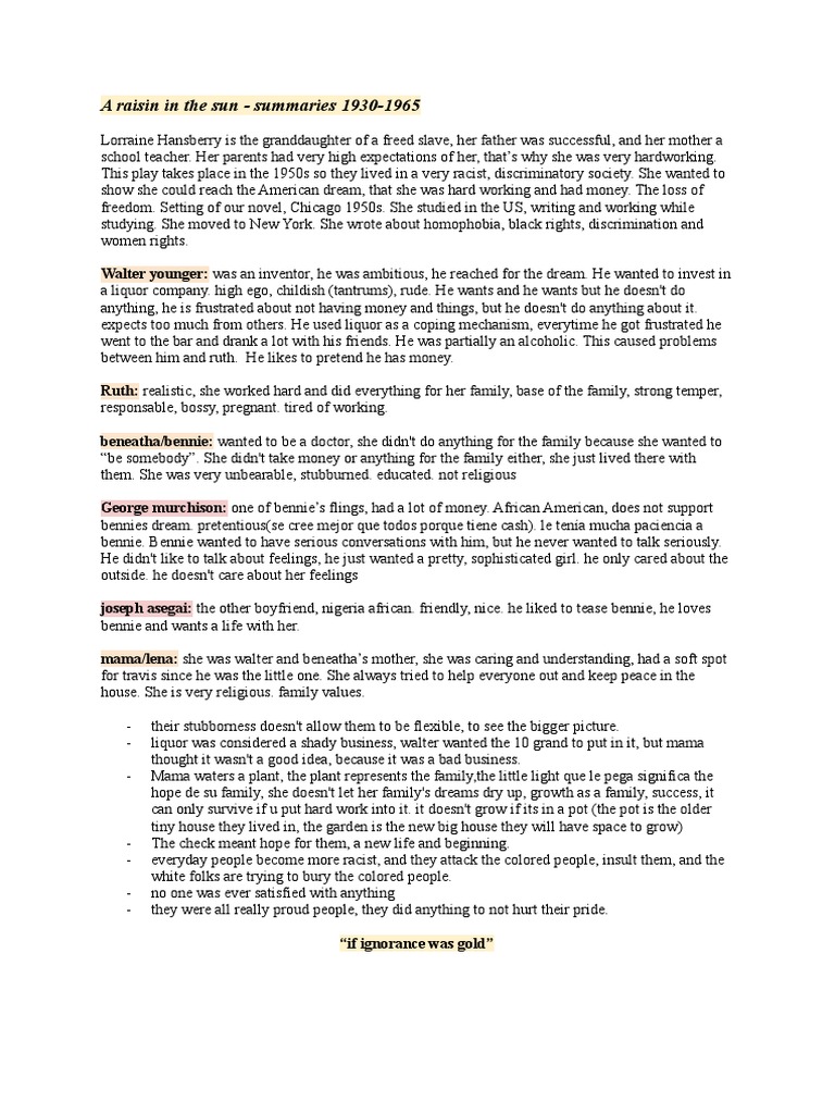 A Raisin in The Sun Summary PDF