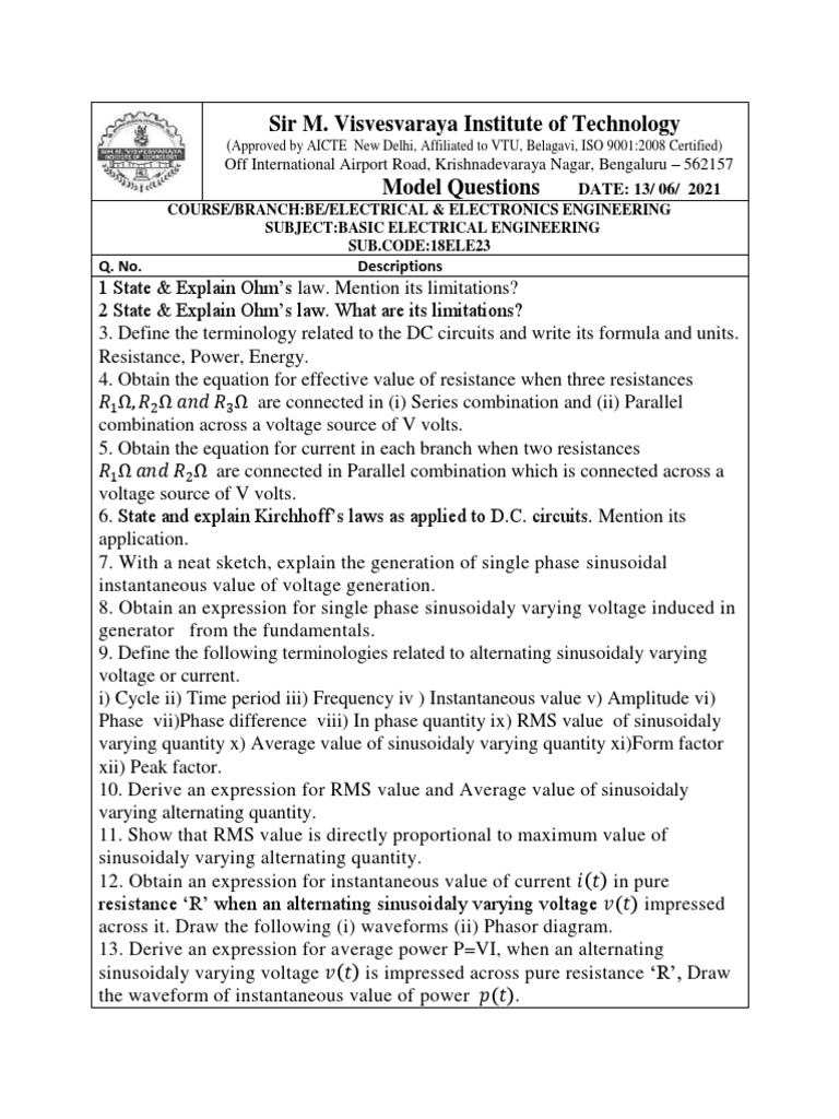 Bee Model Questions 18ele23 Pdf Root Mean Square Series And