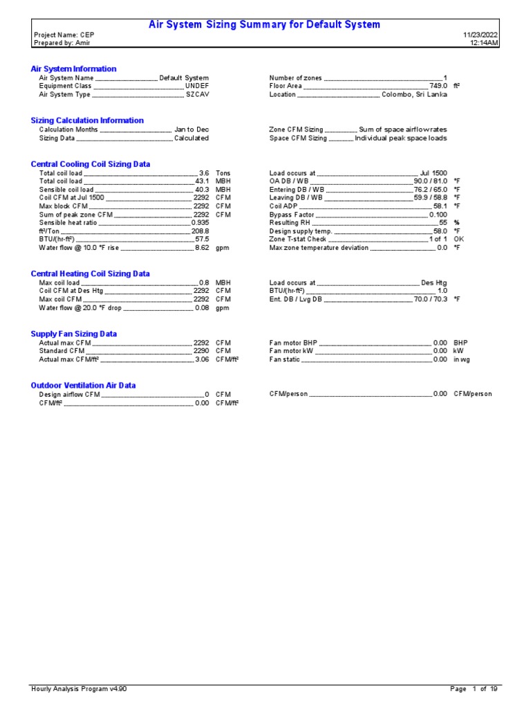 Air System Sizing Summary for CEP | PDF