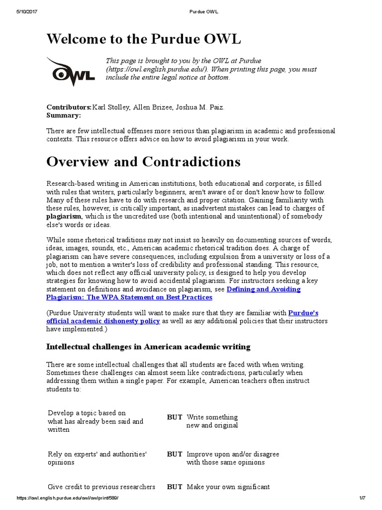 Plagiarism Purdue OWL 170510 PDF