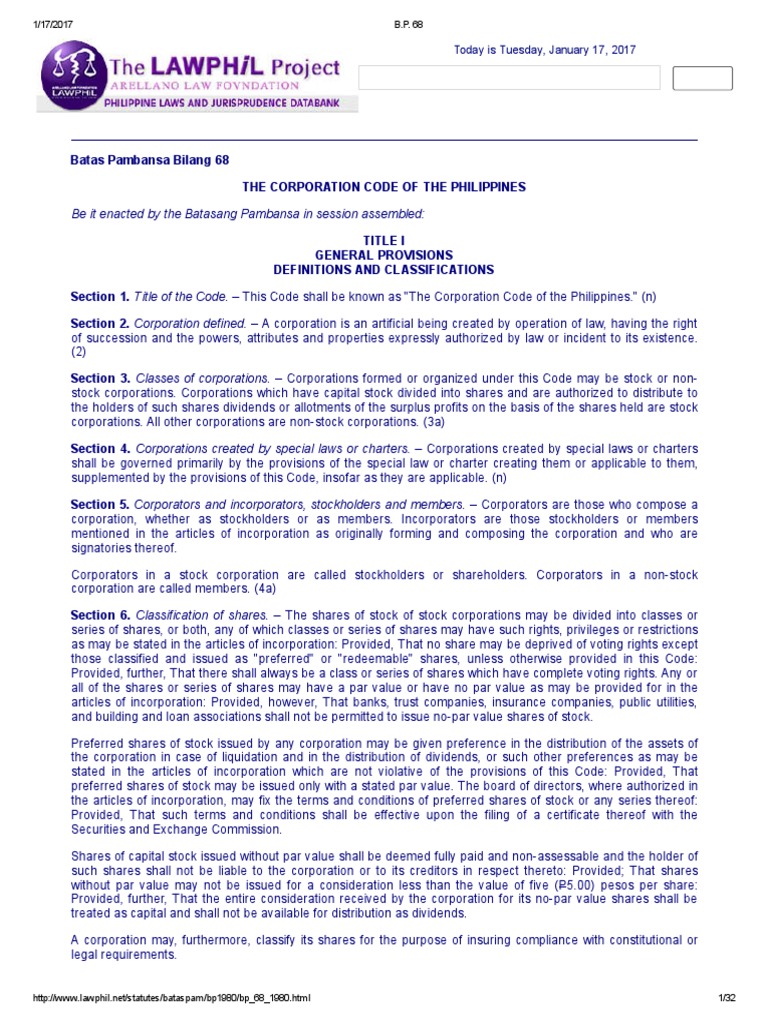 Codal bp68 the corporation code of the philippines pdf