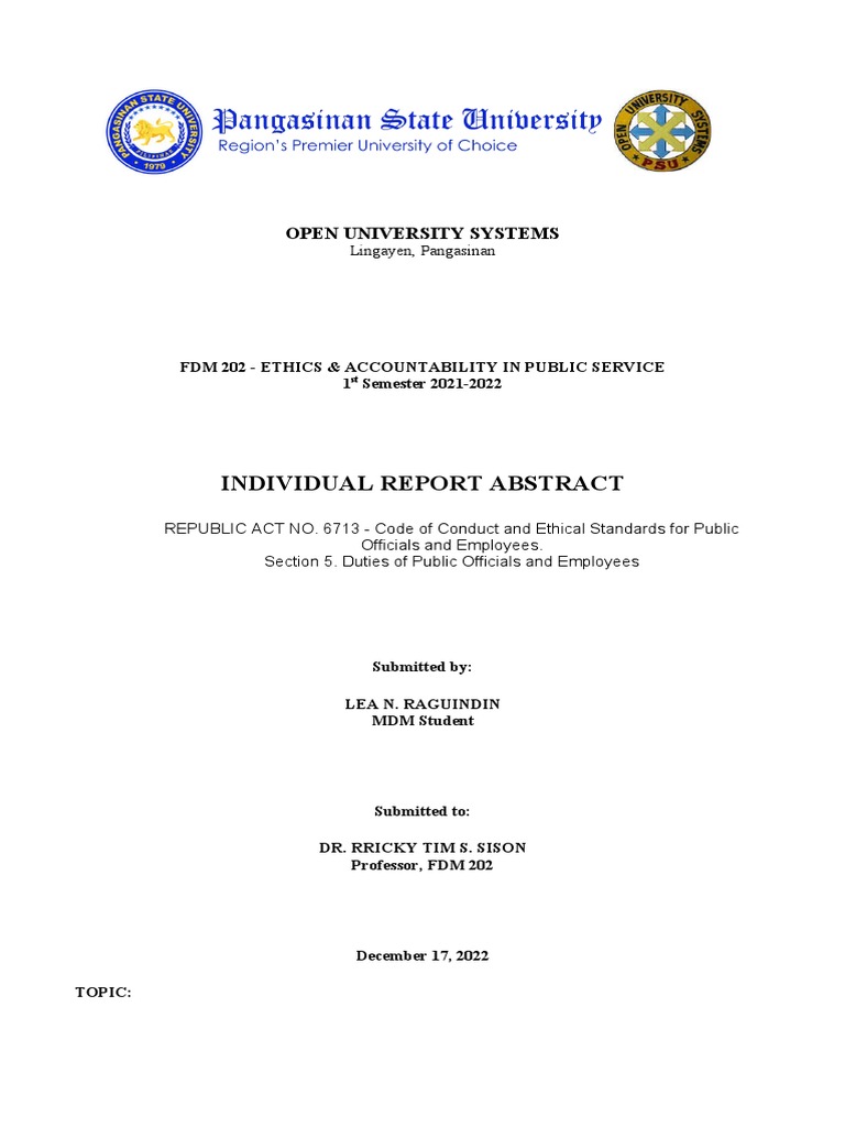 FDM 202 Individual Report Abstract | PDF | Governance | Good Governance