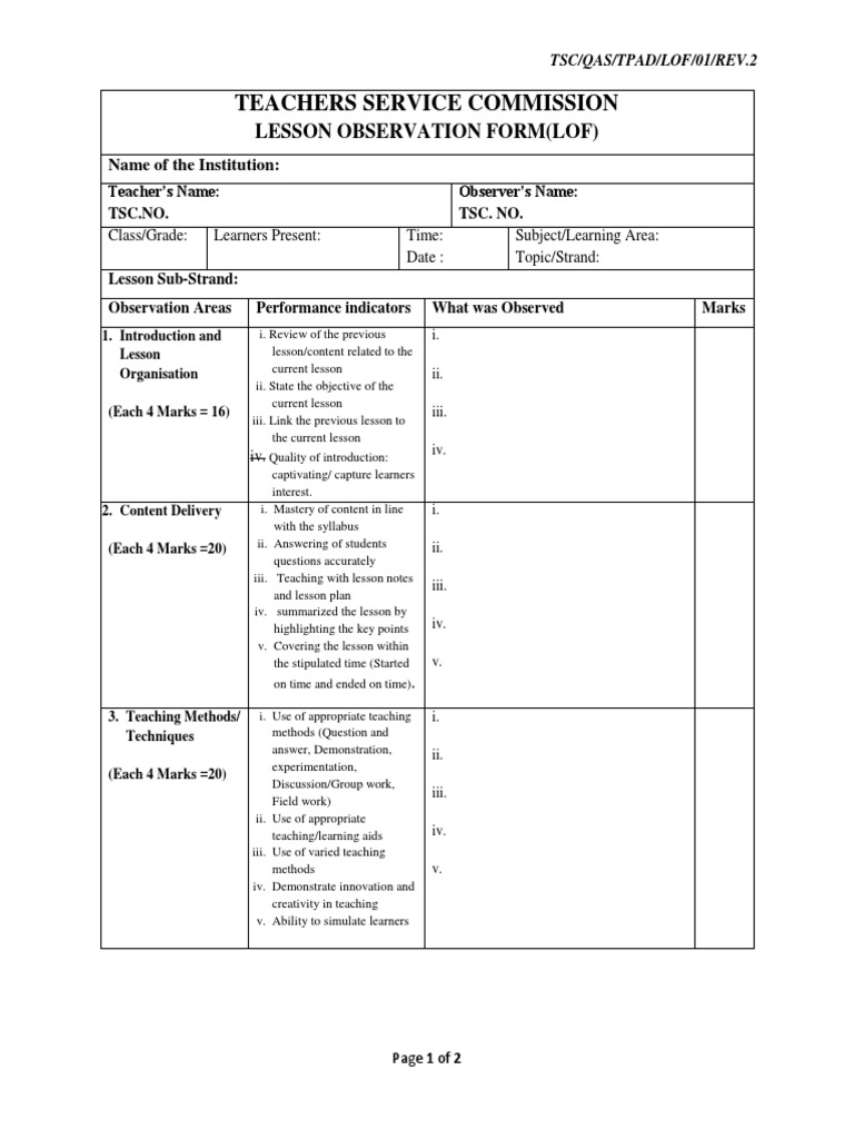TSC Lesson Observation Form Template | PDF | Learning | Classroom