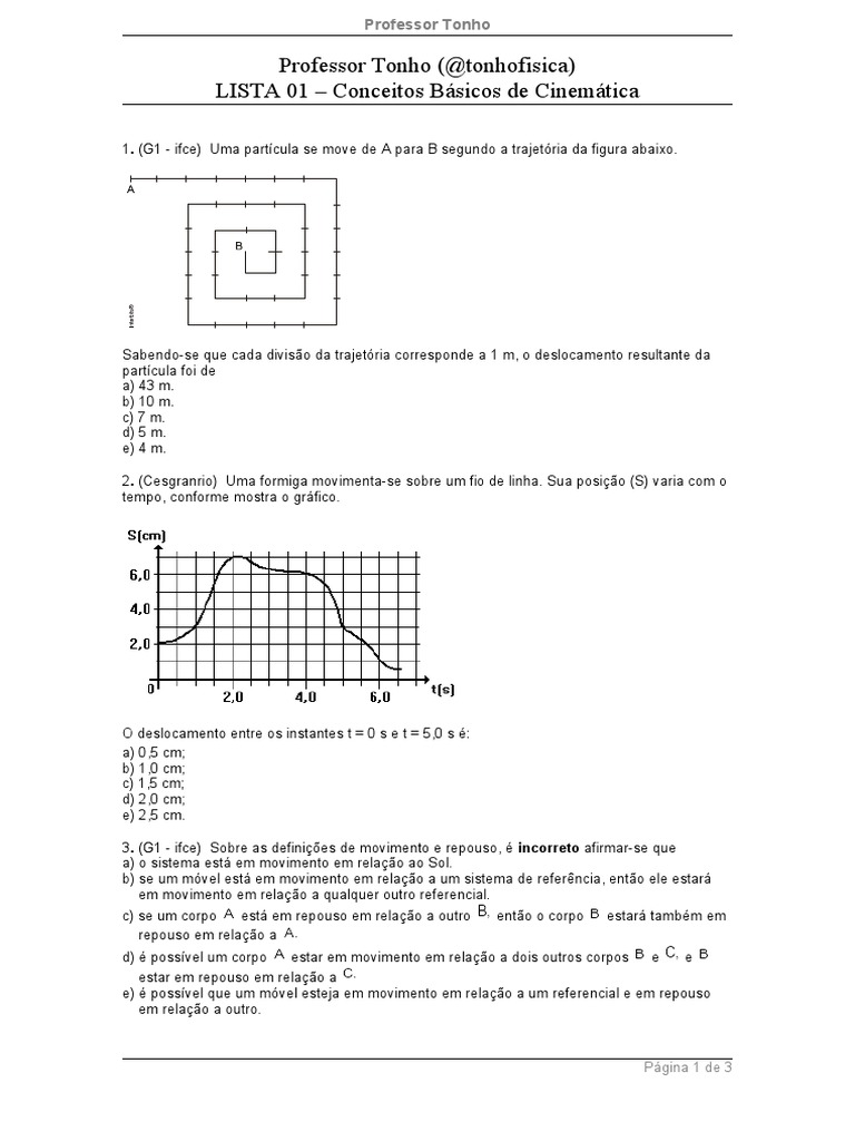 Lista 01 conceitos b sicos de cinem tica pdf cinem tica tempo