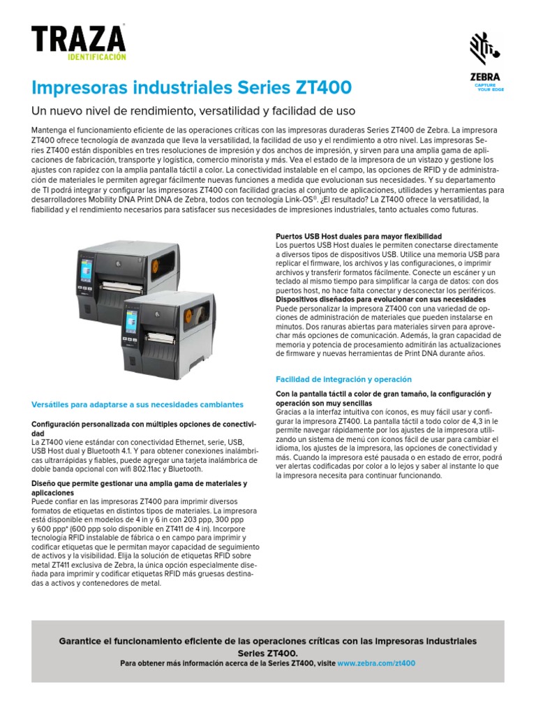 ZEBRA ZT400 Series ZT411 ZT421 Datasheet ES TRAZA PDF