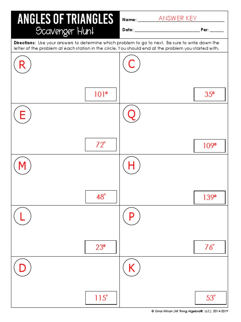 Angles of A Triangle Scavenger Hunt Answer Key PDF