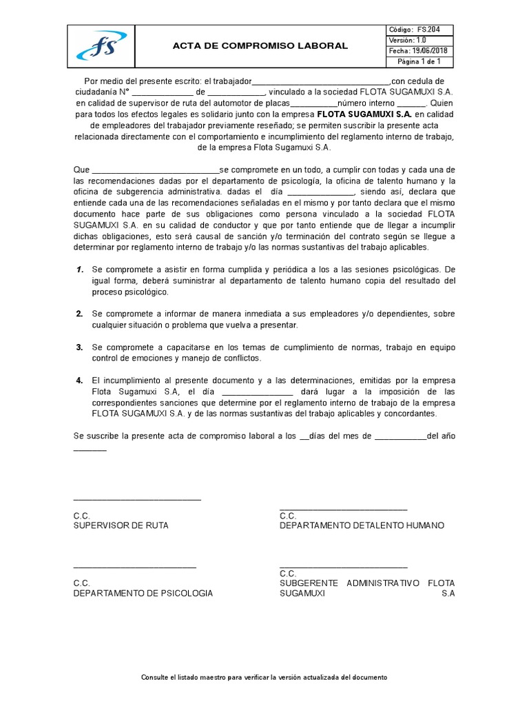 FS.204 Formato de Acta de Compromiso Laboral v1 | PDF | Finanzas y dinero