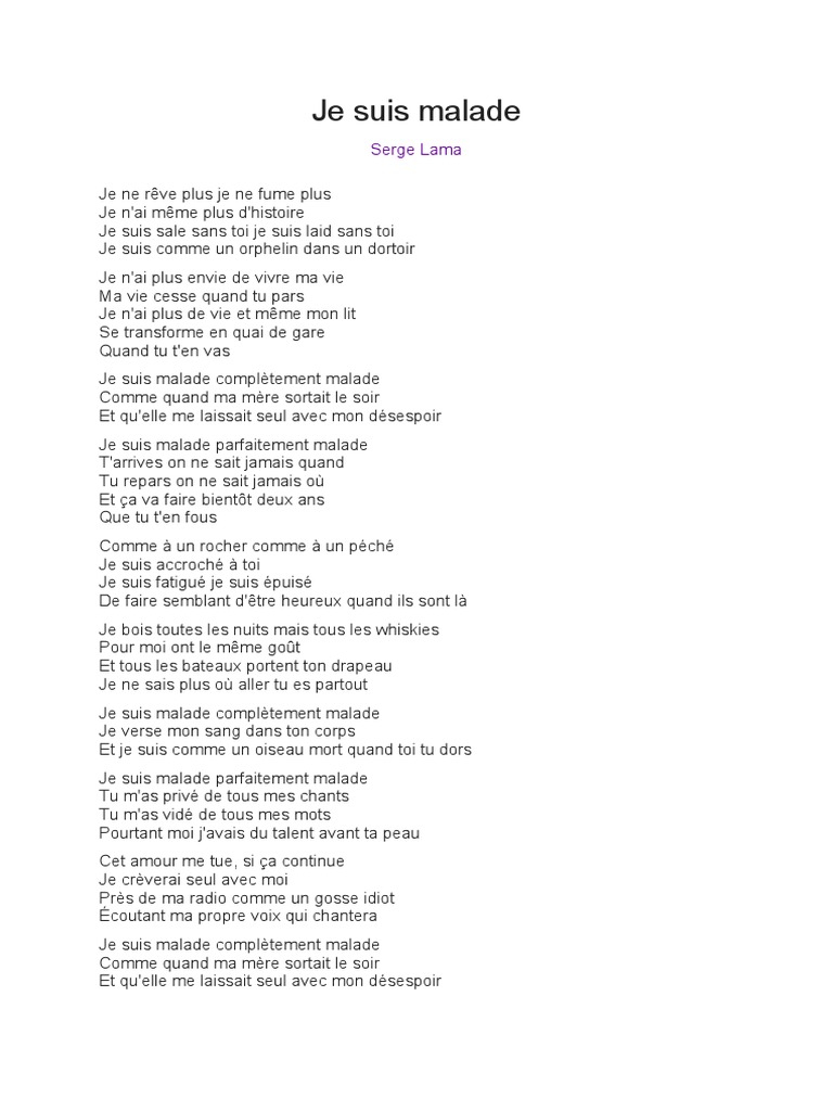 Je Suis Malade Lyrics PDF