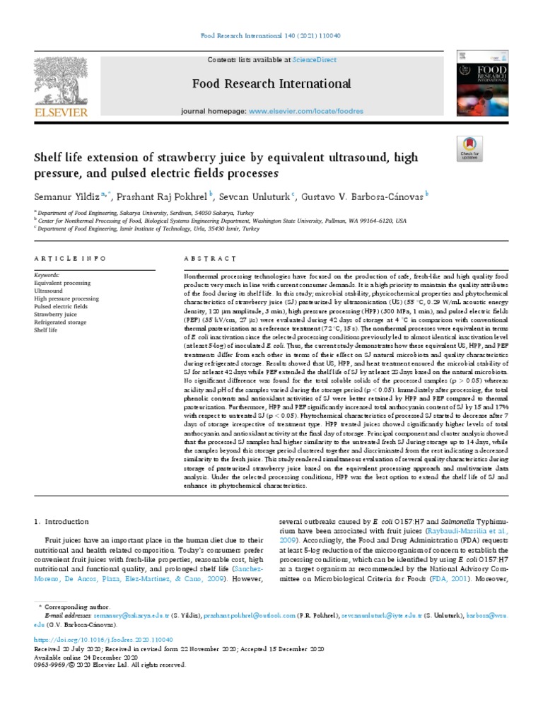 Shelf Life Extension of Strawberry Juice by Equivalent Ultrasound, High Pressure, and Pulsed