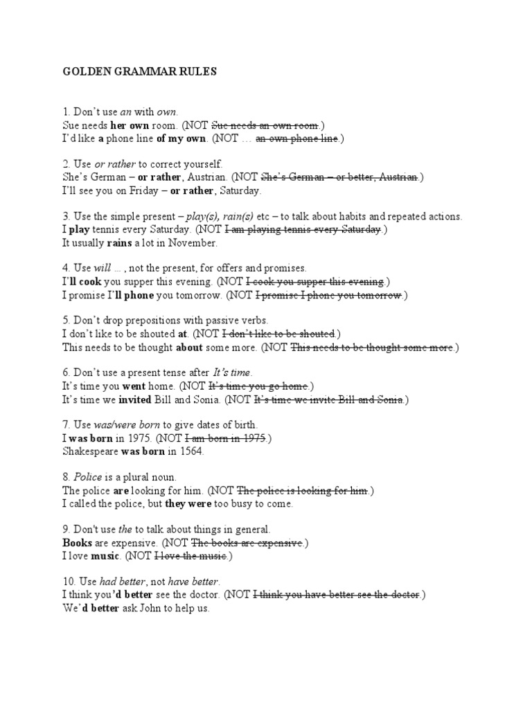 Golden Grammar Rules PDF Adjective Verb